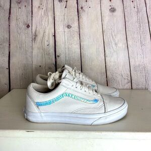 Vans Women’s Old Skool White Leather Holo Sidestripe Skate Shoes Size 8.5